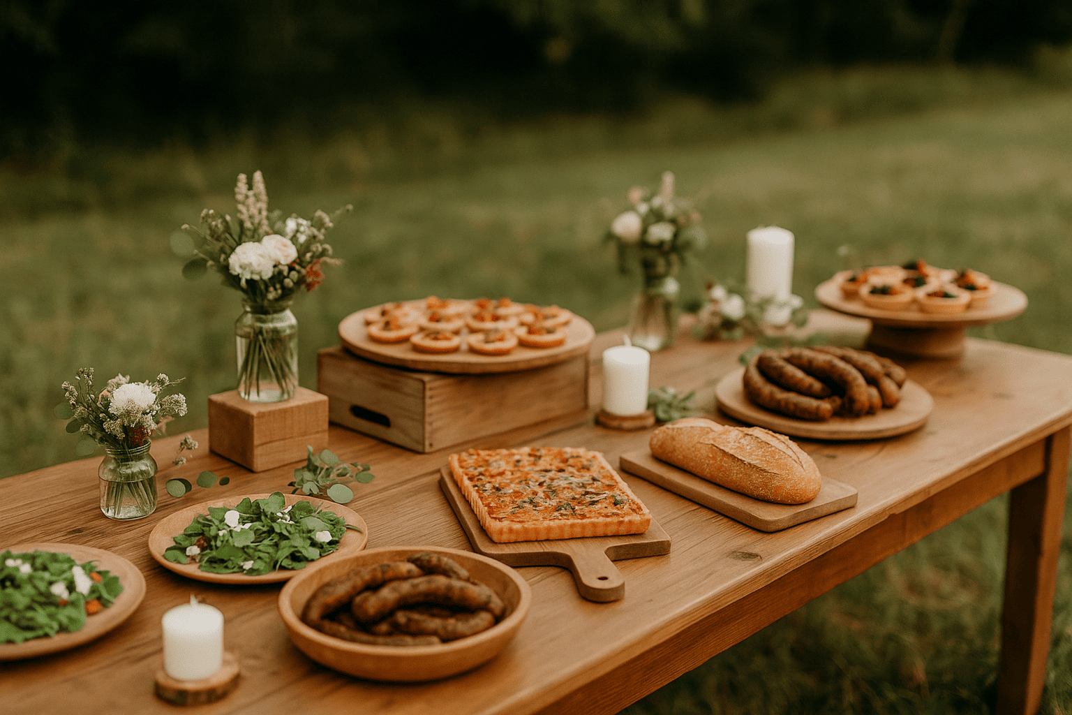 Buffet mariage champêtre avec décoration naturelle